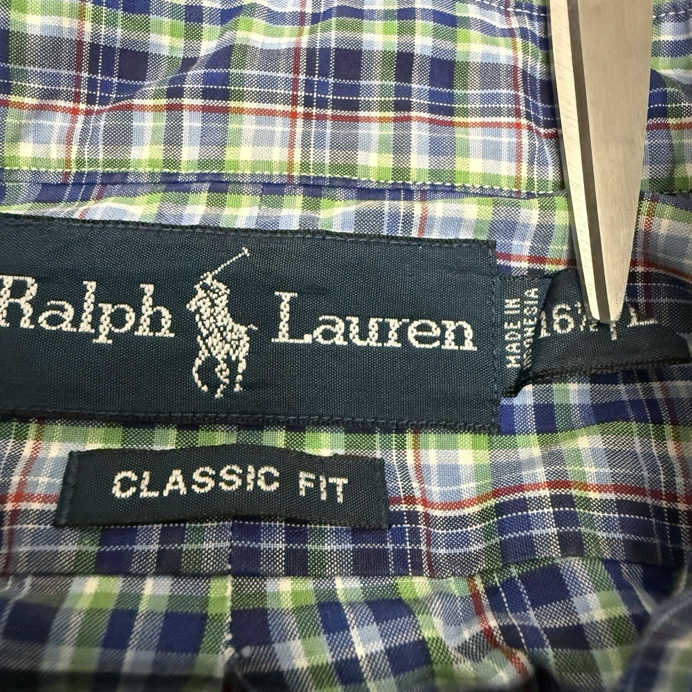 Ralph Lauren shirt men's large 16.5 blue green classic plaid preppy button down - Picture 10 of 12